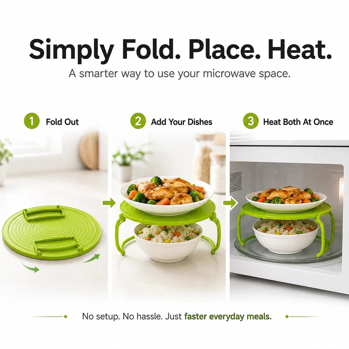 🍽️ Foldable Microwave Plate Stacker – 2-Level Heating Rack with Cool-Touch Handles for More Kitchen Space