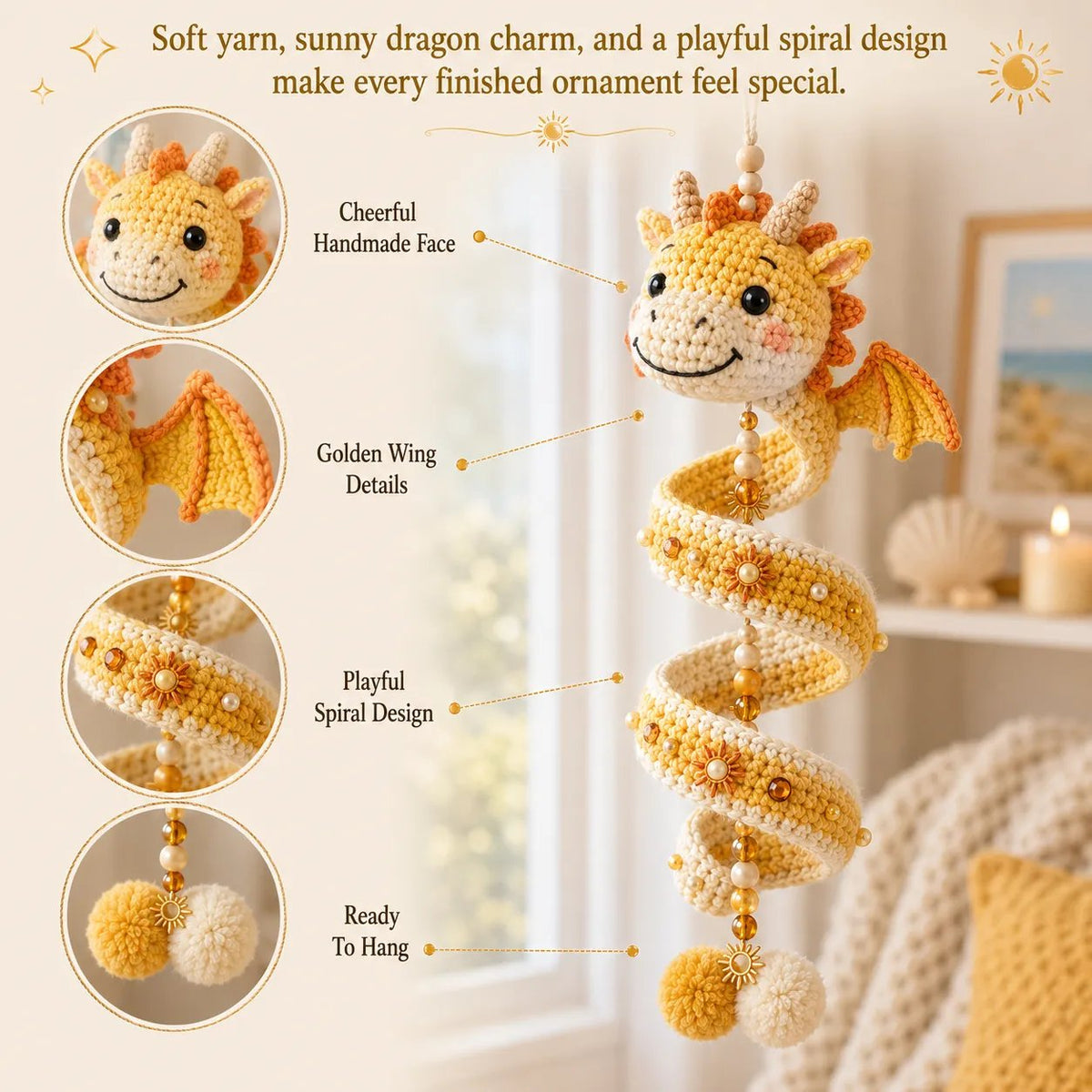 Sun Dragon spiral crochet ornament and close-up decorative details.