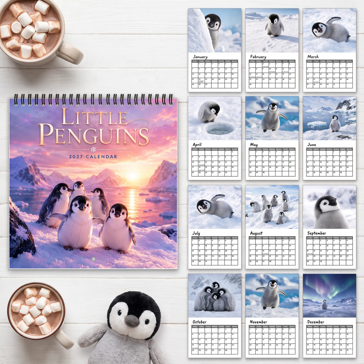 🐧 Penguin Wall Calendar 2027, Cute Monthly Planner With Notes At Home