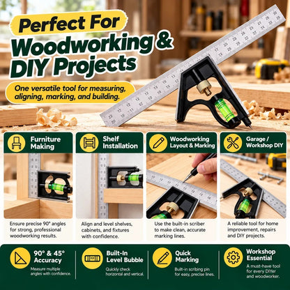 300mm Precision Combination Square 📐 – Adjustable Woodworking Tool with Level & Scriber