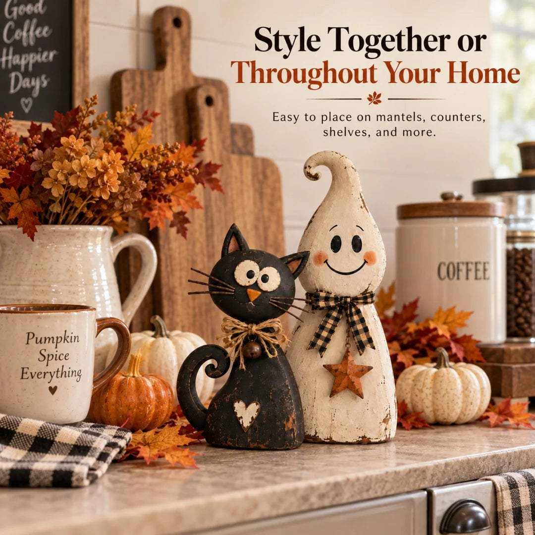 🐈‍⬛ Ghost & Black Cat Halloween Figurines – Vintage-Inspired Decor