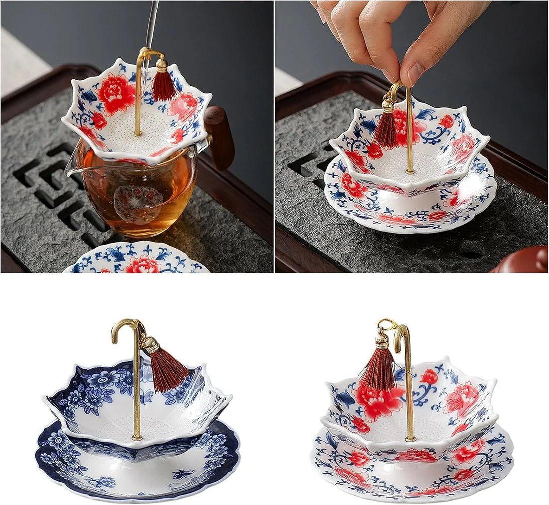 ☂️ Blue-and-White Umbrella Tea Strainer | Ceramic Tea Filter Set