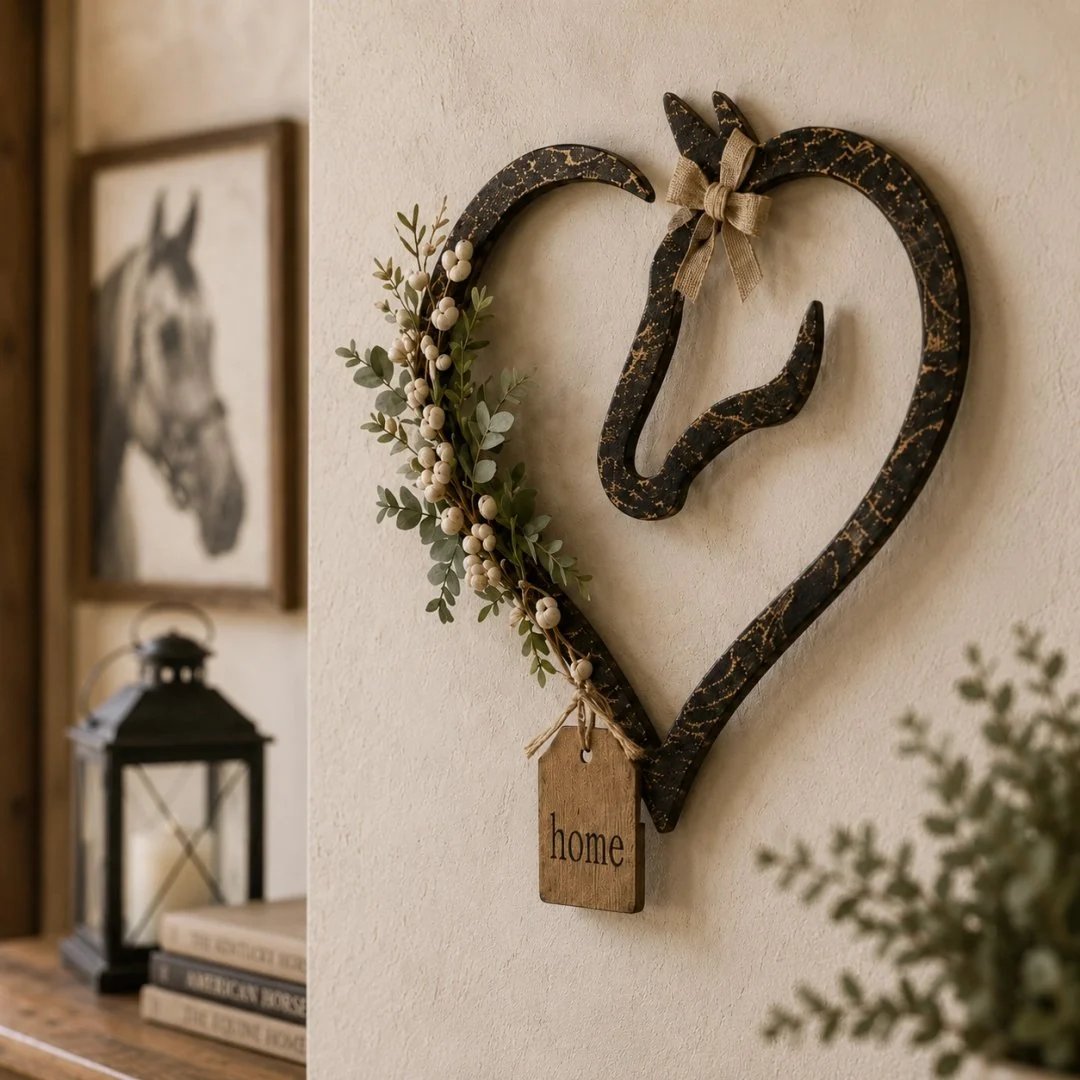 🎉Rustic Horse Heart Wall Decor with Greenery – Farmhouse Equestrian Home Accent