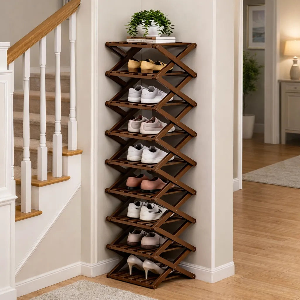 🌿 3-Tier Folding Bamboo Shoe Organizer in Natural Wood | Ready to Use, No Assembly Needed