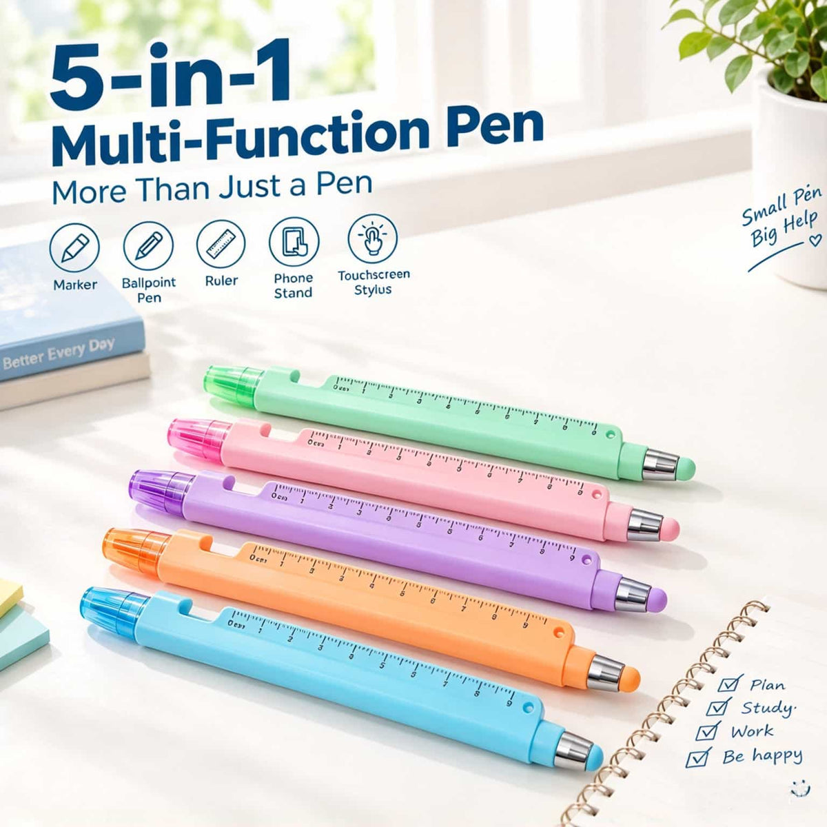 5-in-1 Precision Pen ✍️ – 0.5mm Writing Tool with Ruler & Stylus Features
