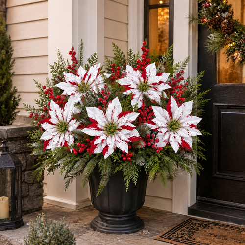 ❤️ Christmas Poinsettia Planter Inserts – Red & White Holiday Floral Picks