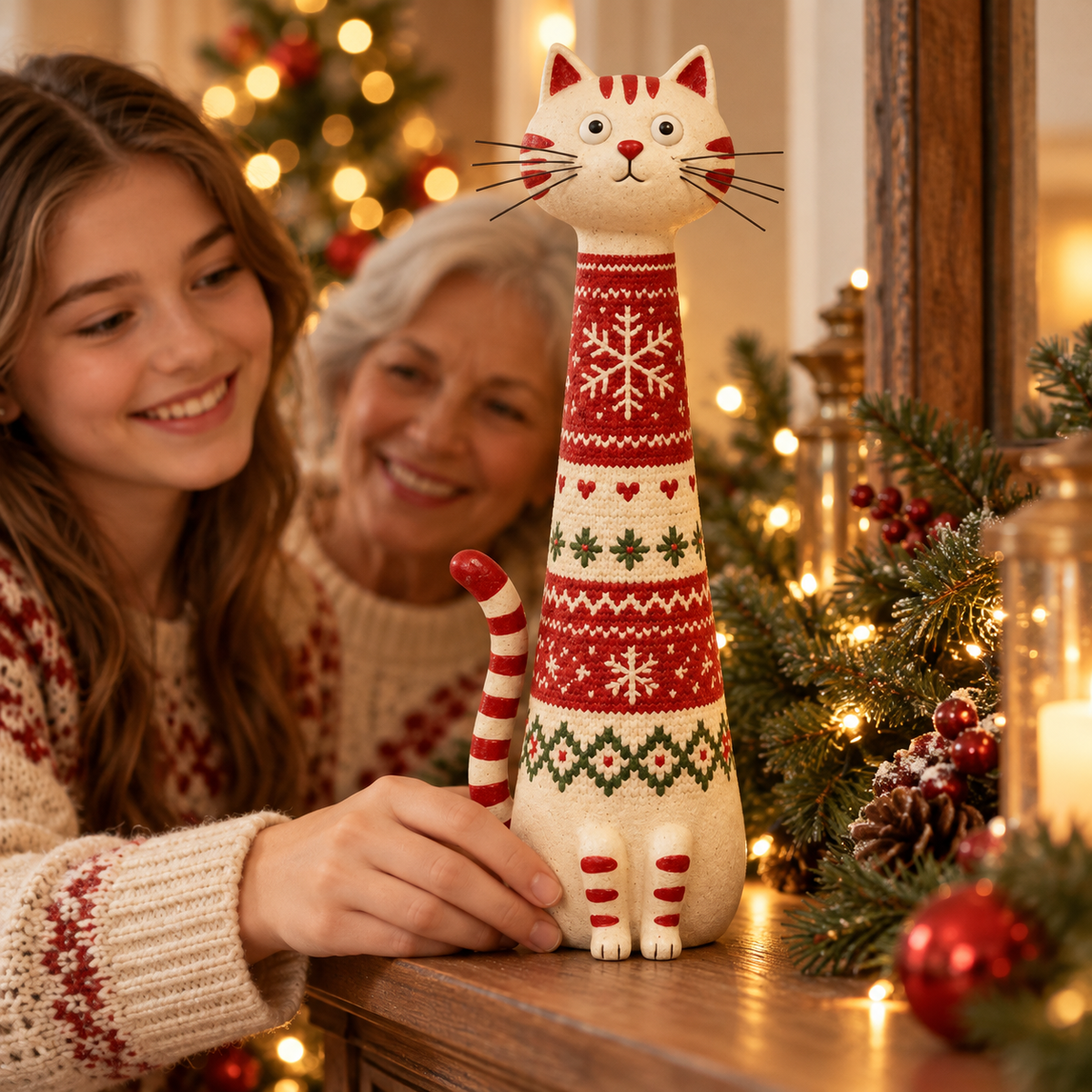 🎄 Whimsical Christmas Cat Figurines – Tall & Chubby Holiday Decor 🐱