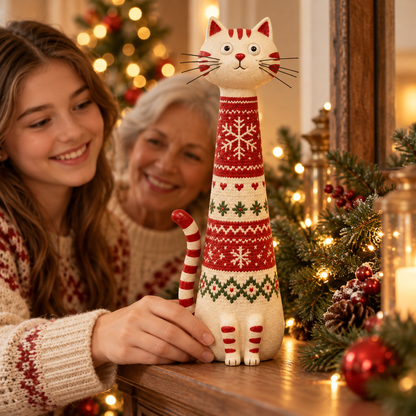 🎄 Whimsical Christmas Cat Figurines – Tall & Chubby Holiday Decor 🐱