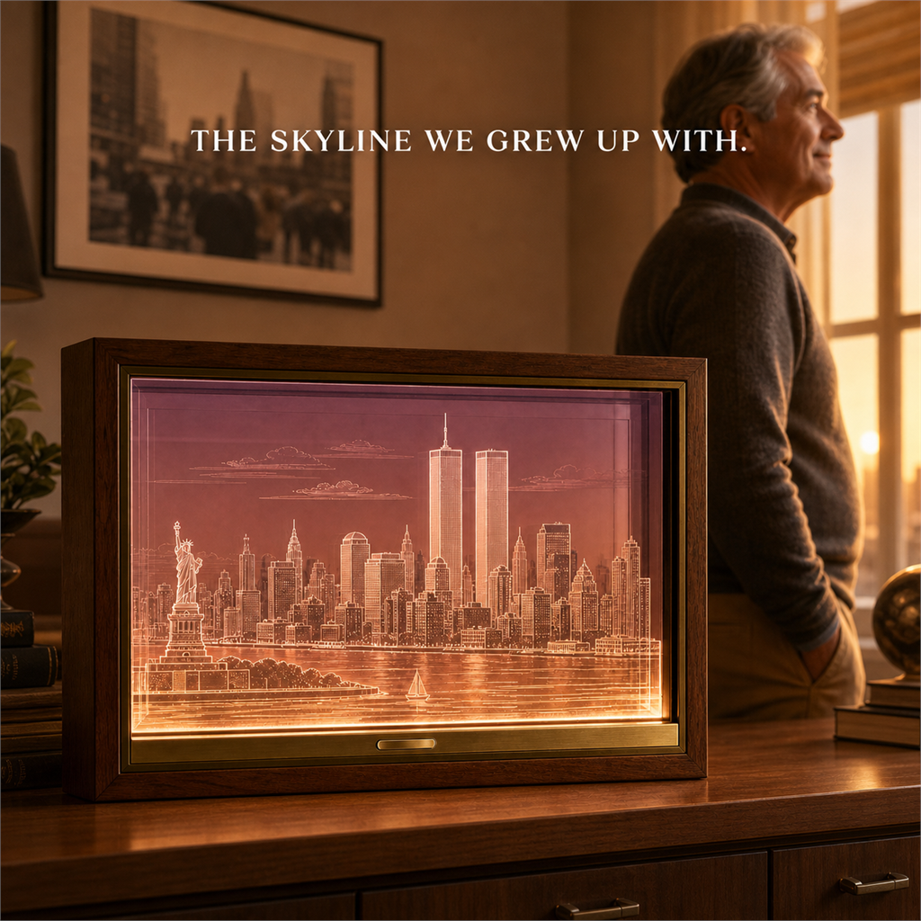 🗽✨ Before the Skyline Changed – Illuminated Twin Towers New York Memorial Shadow Box