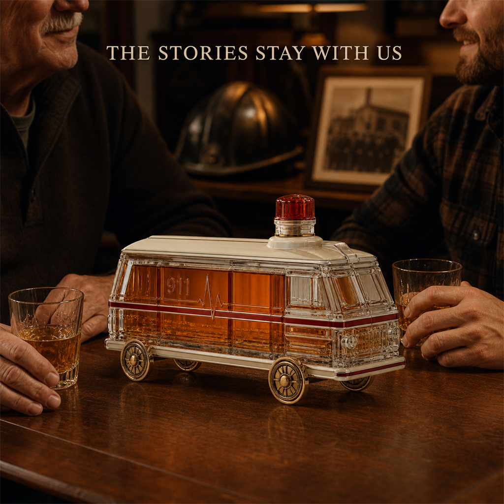 First responder family sharing stories beside the emergency rescue decanter
