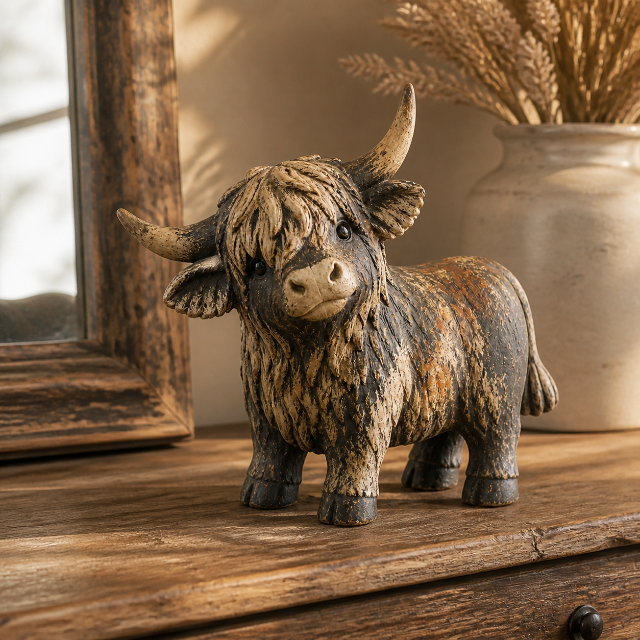 🐮 Rustic Highland Cow Figurine – Charming Farmhouse Tabletop Decor