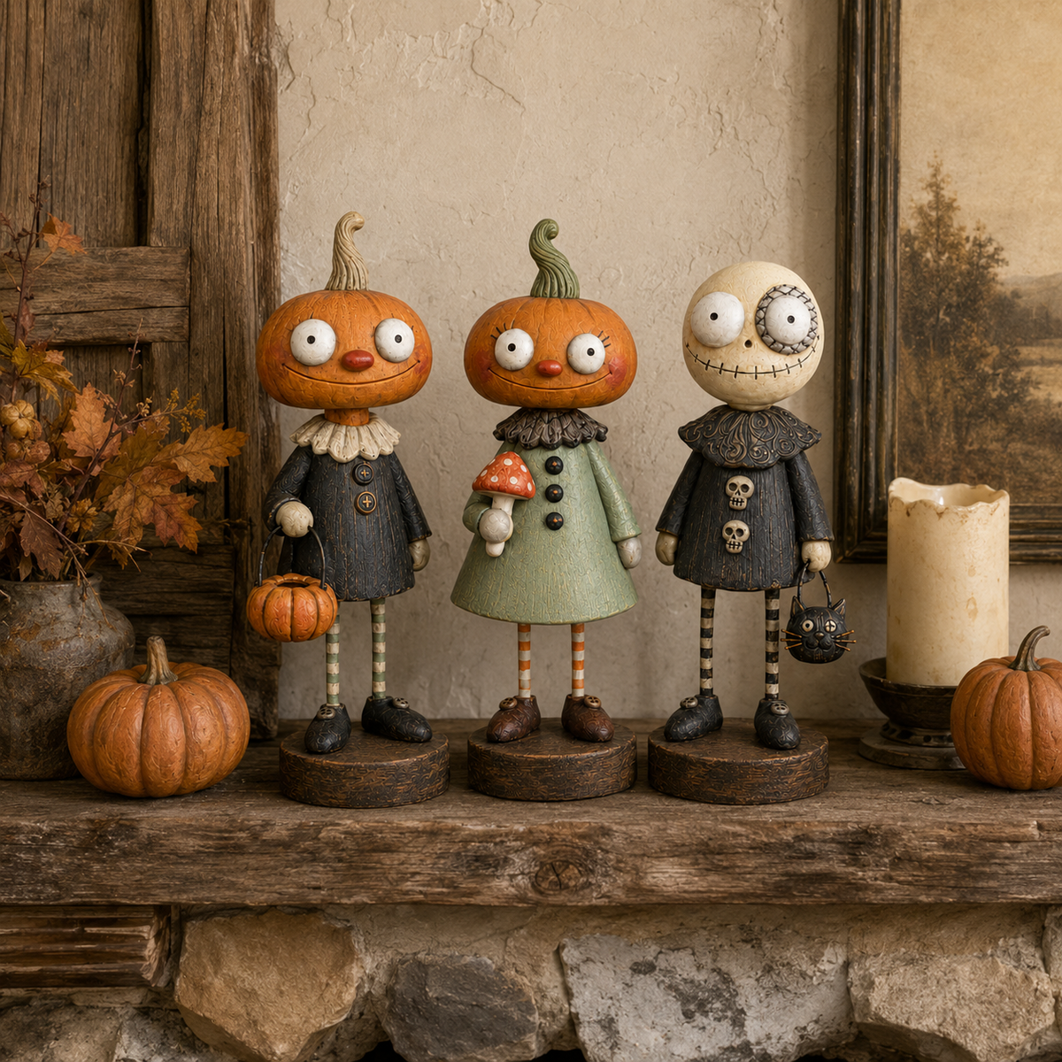 Pumpkin Boy, Pumpkin Girl and Friendly Skeleton displayed together on a rustic mantel