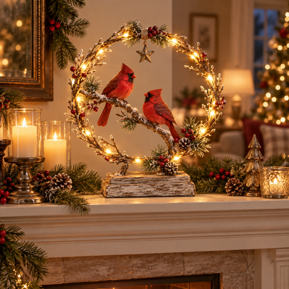 Lighted Cardinal Tabletop Decor, Rustic Red Cardinal Pair with Warm LED Lights