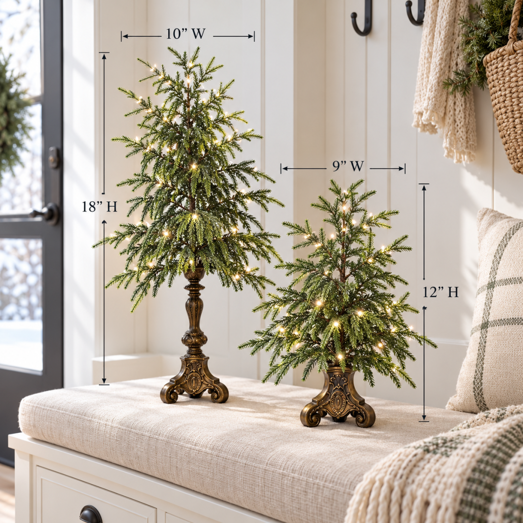 Size guide: Large tree is 18 inches high and 10 inches wide; Small tree is 12 inches high and 9 inches wide