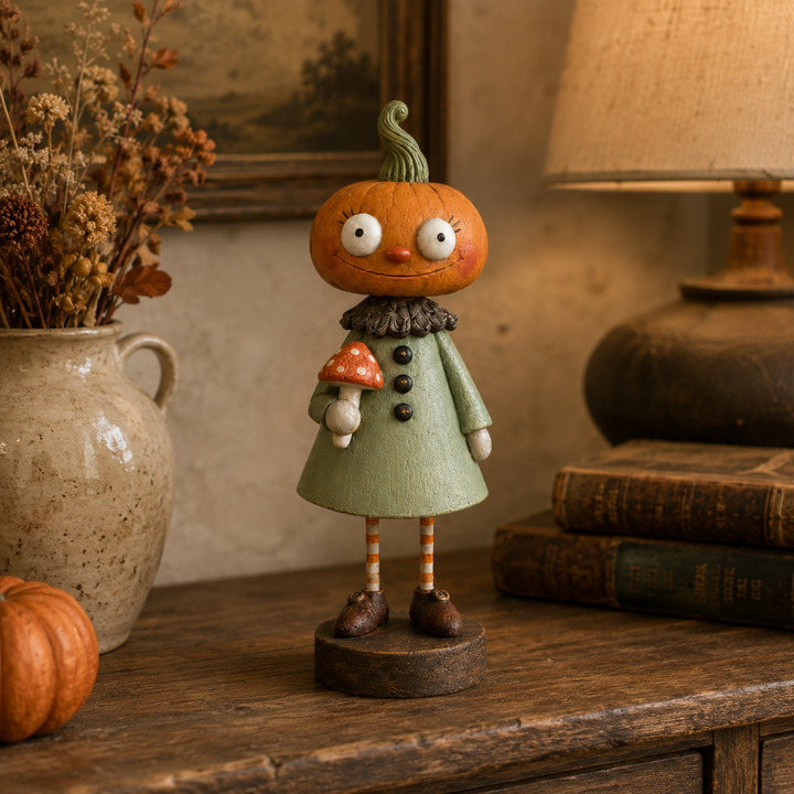 Pumpkin Girl with a sage green outfit and a small red mushroom