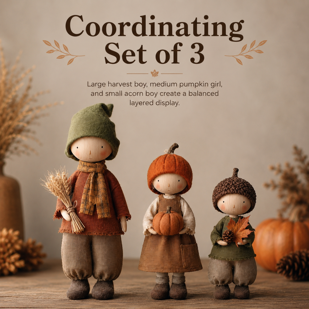 Three rustic harvest dolls arranged together in varied heights