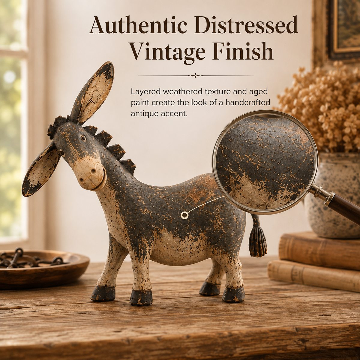 Donkey figurine displayed on a shelf in a country-style room