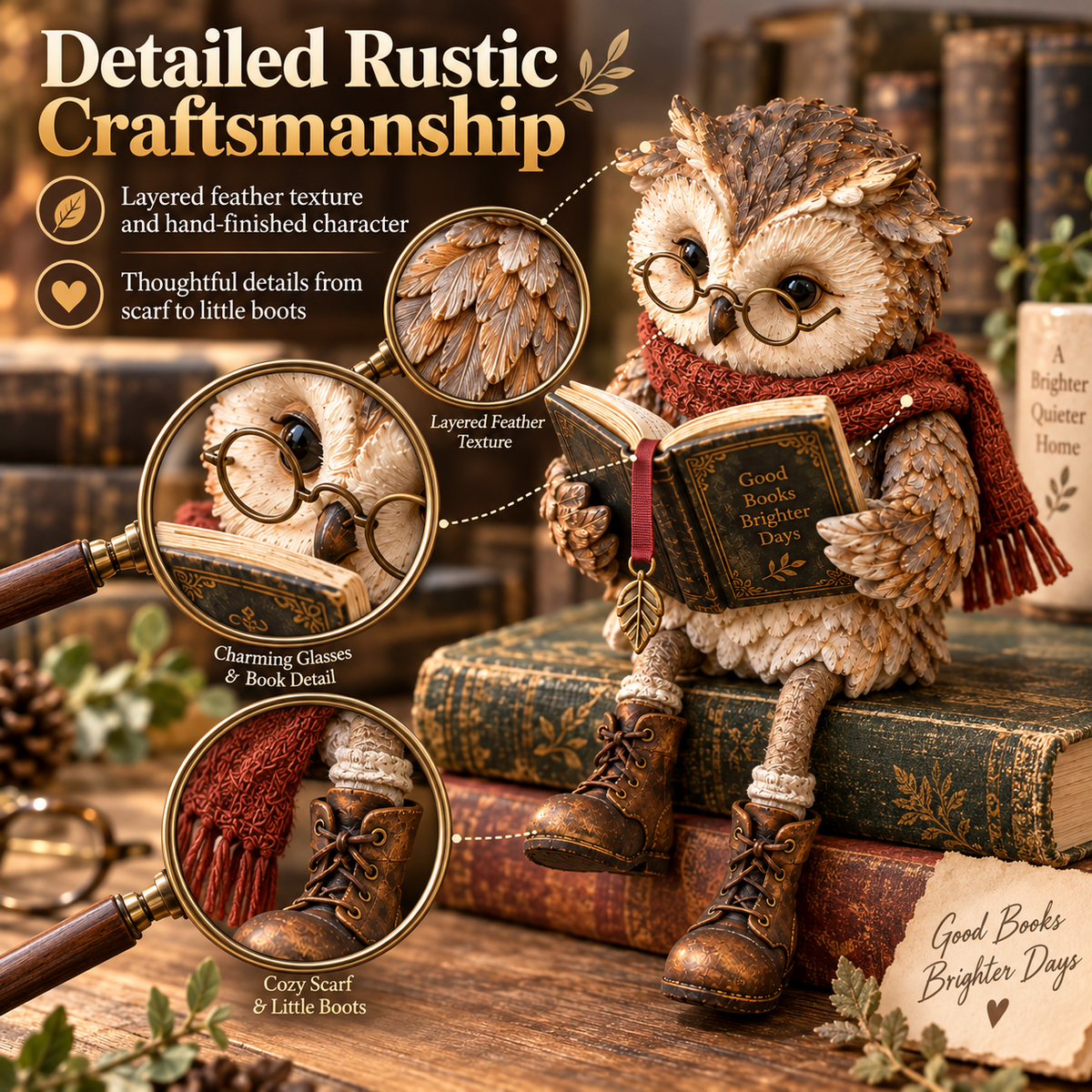 Close-up views of the owl figurine feather texture, glasses, open book, scarf and boots