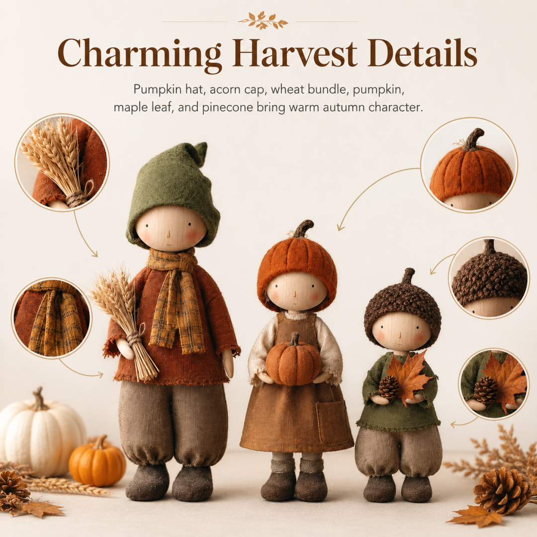 Close-up of rustic fall doll faces and handcrafted-style details