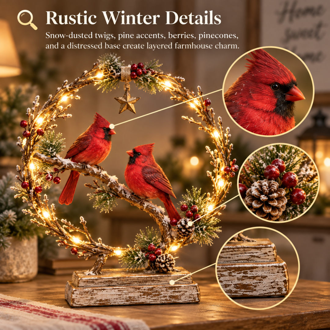 Lighted Cardinal Tabletop Decor, Rustic Red Cardinal Pair with Warm LED Lights