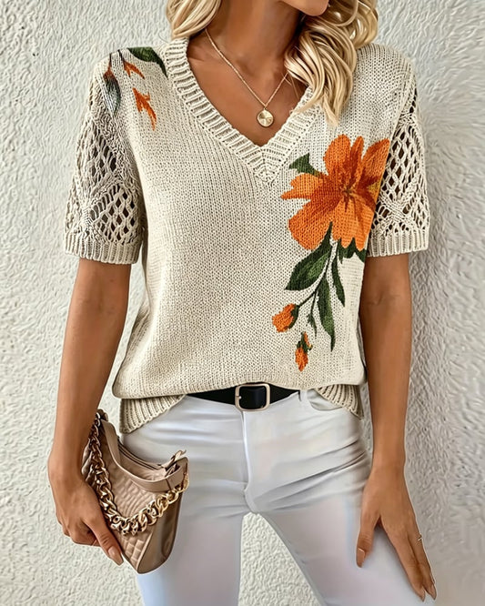 🌸2026 Women’s Airy Floral V-Neck Pullover -Breathable V-Neck Hollow-Out Short Sleeve Sweater for Spring & Summer