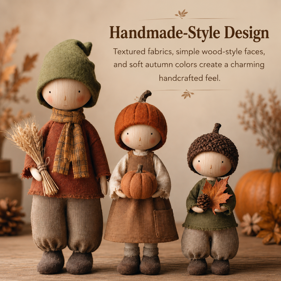 Harvest doll trio styled on a seasonal table