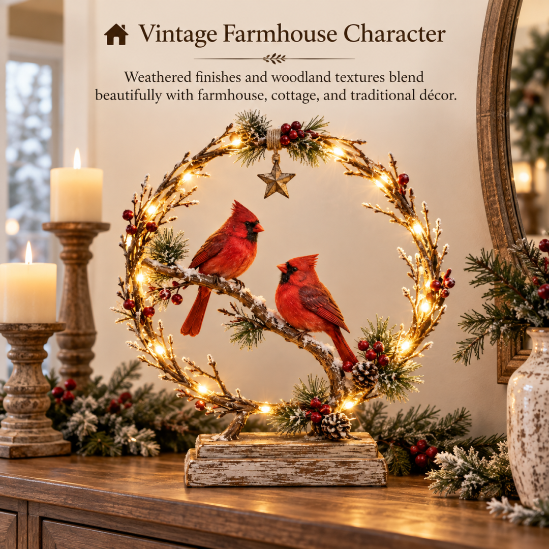 Lighted Cardinal Tabletop Decor, Rustic Red Cardinal Pair with Warm LED Lights