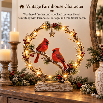Lighted Cardinal Tabletop Decor, Rustic Red Cardinal Pair with Warm LED Lights