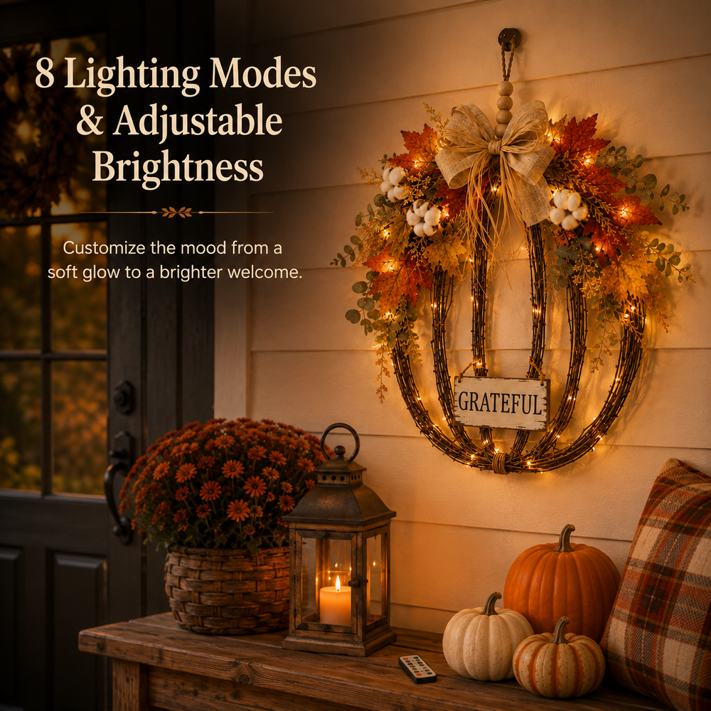 Lighted pumpkin decor showing lighting modes and brightness control
