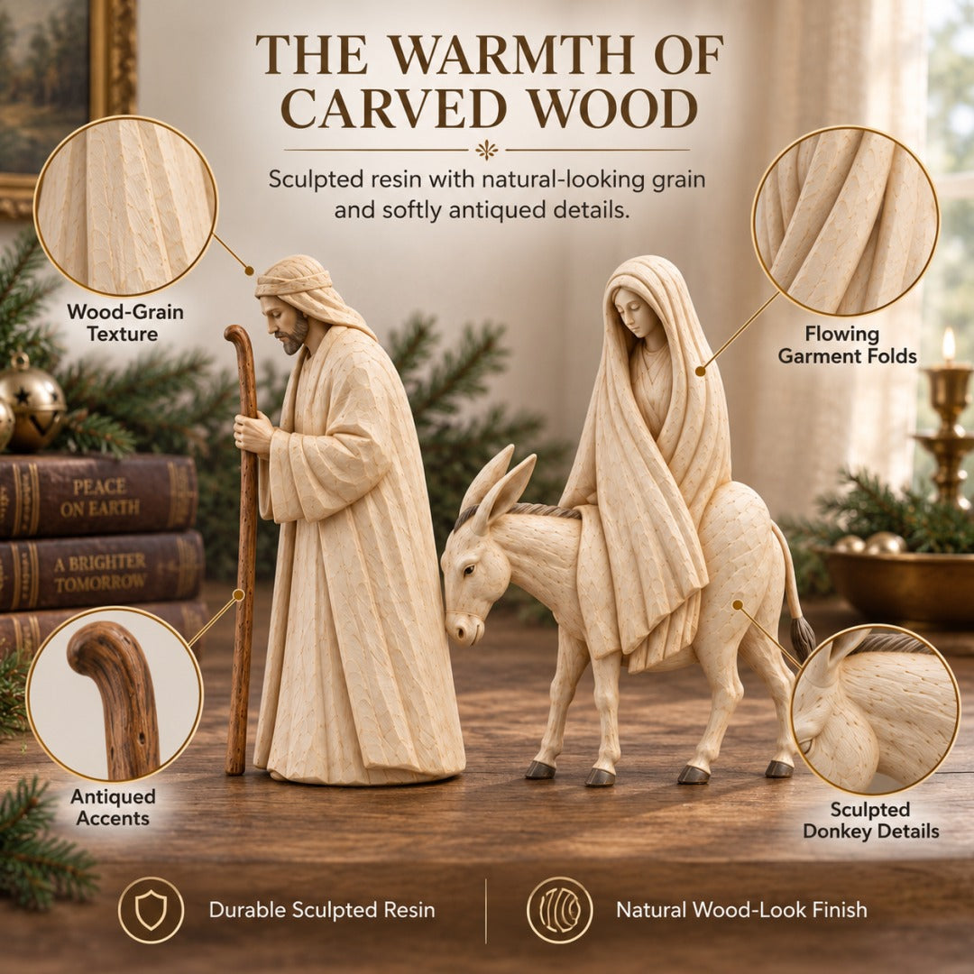 Joseph and Mary journeying toward Bethlehem in a faith-inspired display