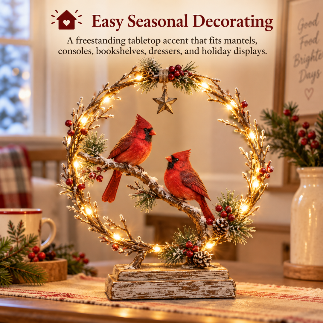 Lighted Cardinal Tabletop Decor, Rustic Red Cardinal Pair with Warm LED Lights
