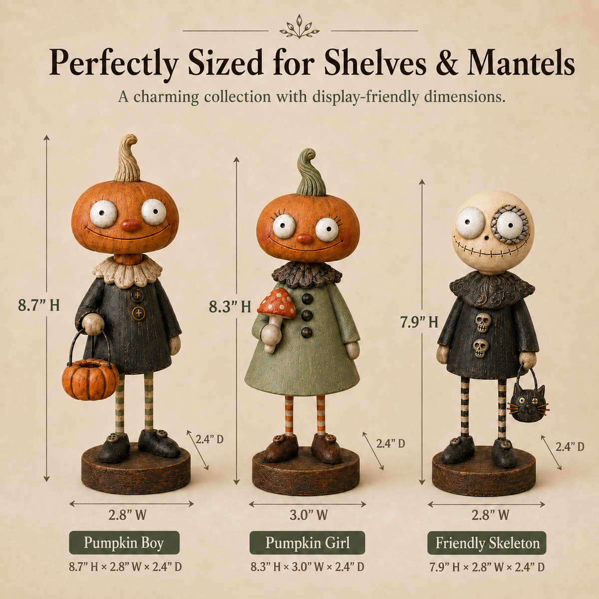 Dimensions: Pumpkin Boy 8.7 by 2.8 by 2.4 inches, Pumpkin Girl 8.3 by 3.0 by 2.4 inches, Friendly Skeleton 7.9 by 2.8 by 2.4 inches; height by width by depth