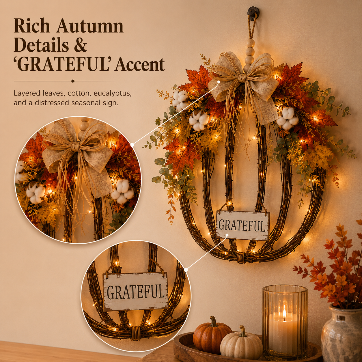 Close-up of autumn leaves bow cotton accents wood beads and GRATEFUL sign