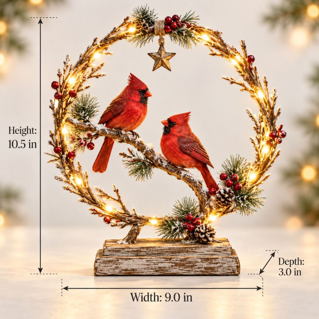 Lighted Cardinal Tabletop Decor, Rustic Red Cardinal Pair with Warm LED Lights
