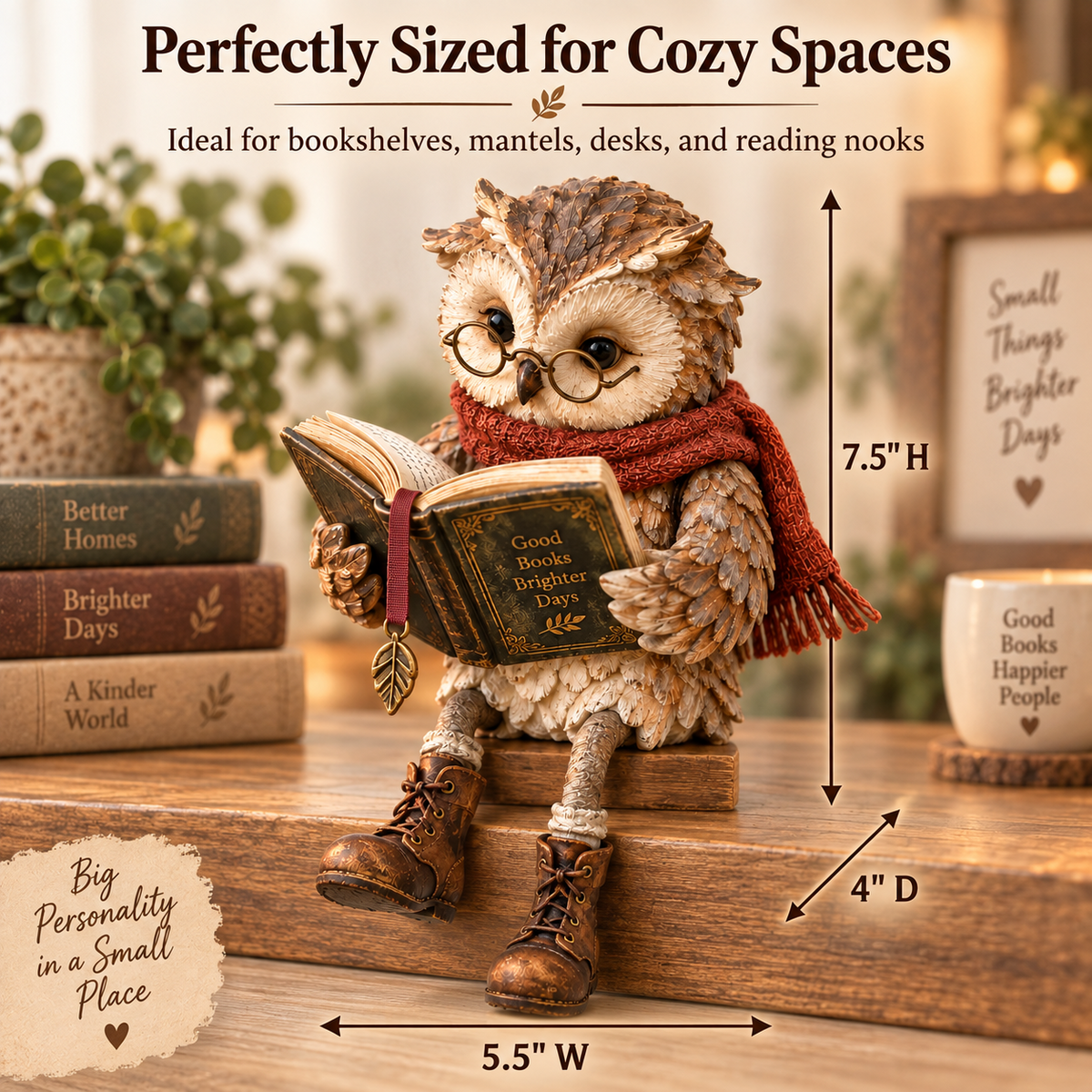 Reading Owl Figurine size guide showing 7.5 inches high, 5.5 inches wide and 4 inches deep