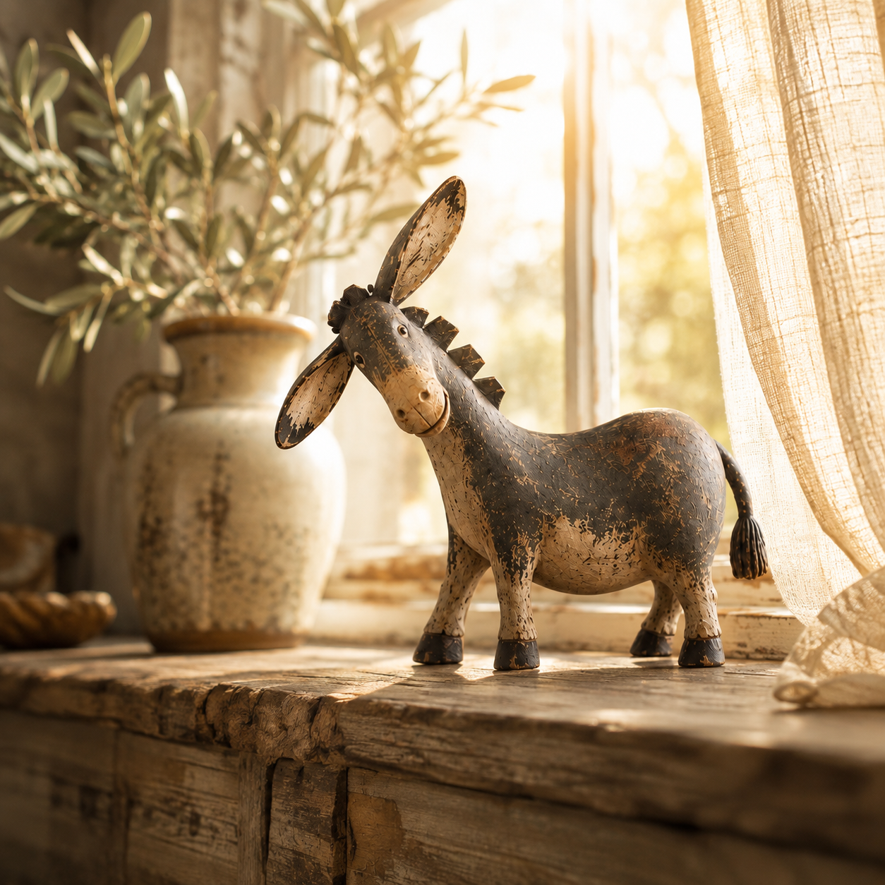 Rustic donkey figurine ready for indoor farmhouse display