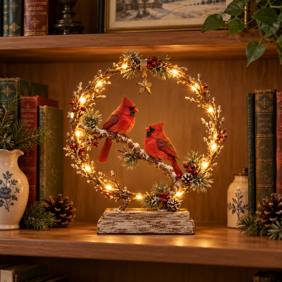 Lighted Cardinal Tabletop Decor, Rustic Red Cardinal Pair with Warm LED Lights