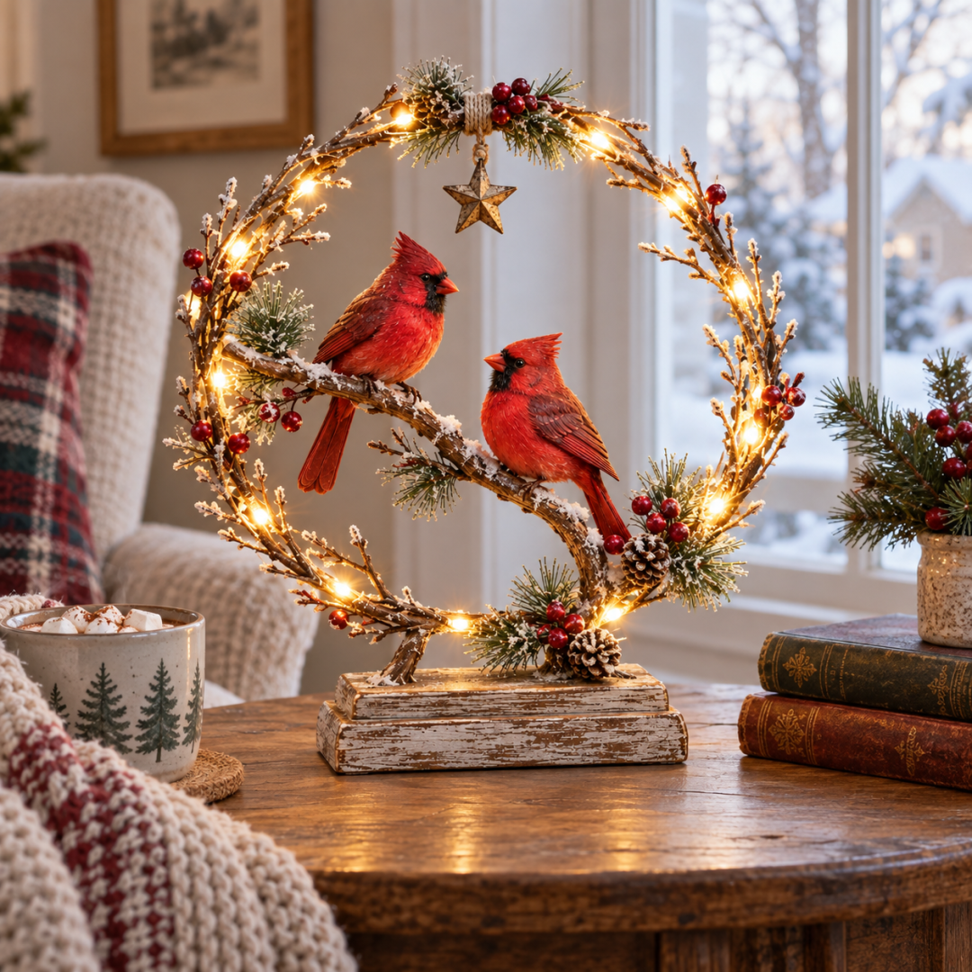Lighted Cardinal Tabletop Decor, Rustic Red Cardinal Pair with Warm LED Lights