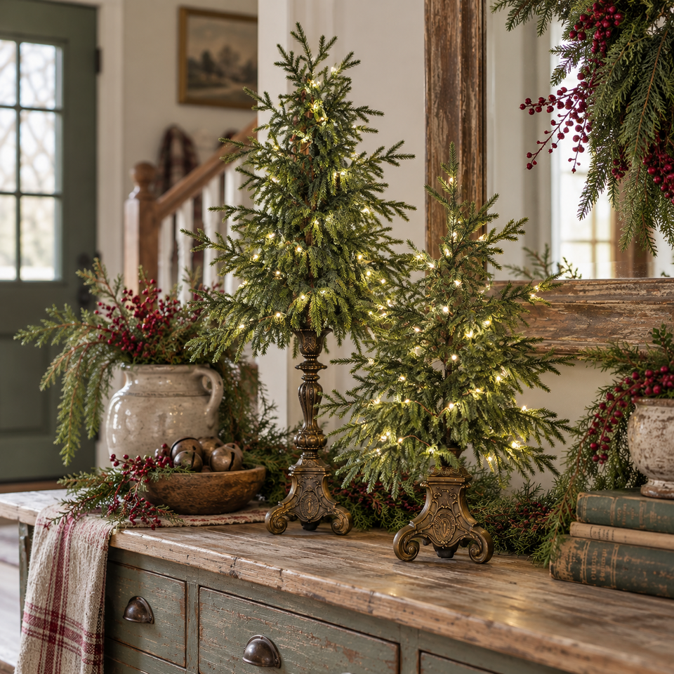 Two lighted Norfolk pine trees on an entryway console beside a pitcher of red berries