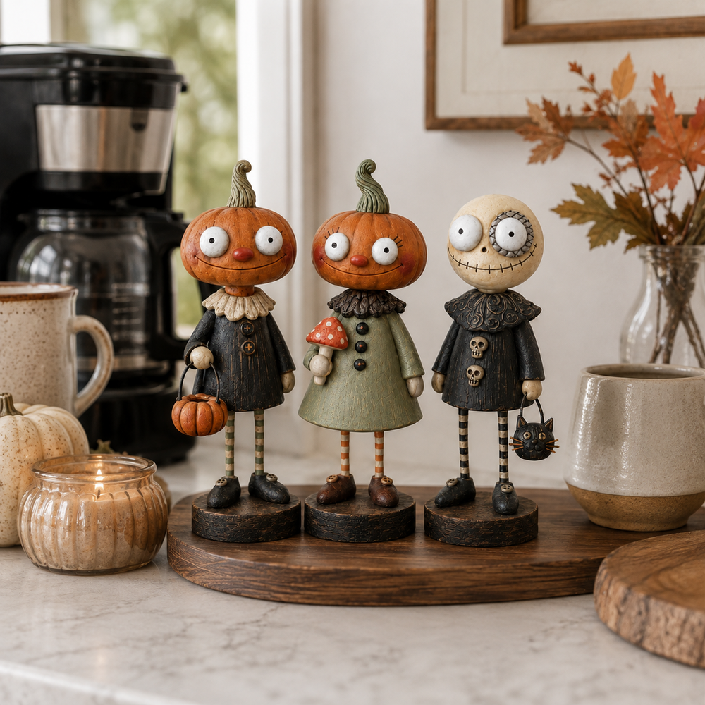 The three Halloween figurines styled together on a tray at a coffee bar