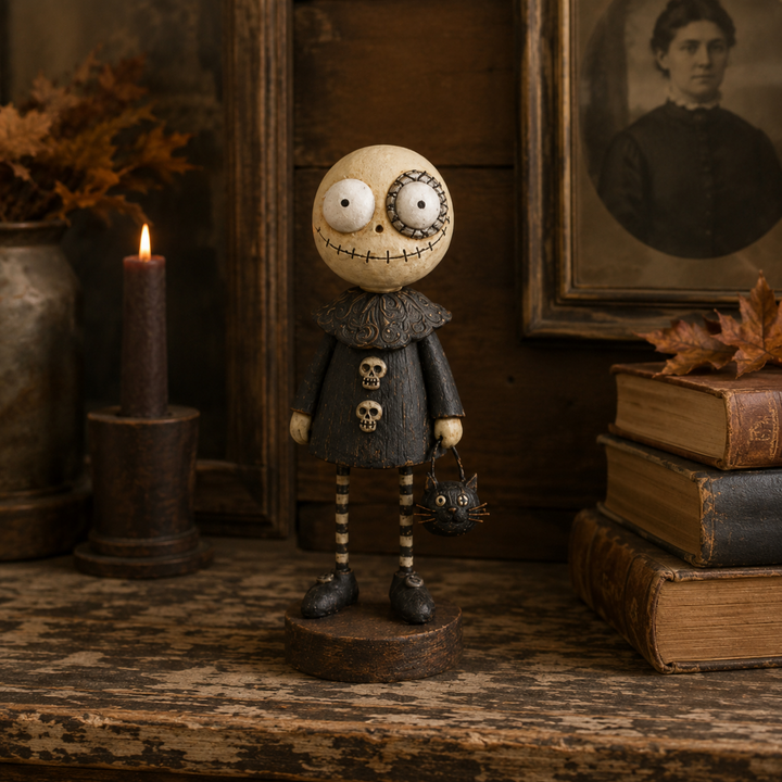Friendly Skeleton with a cream skull face, dark coat and striped legs