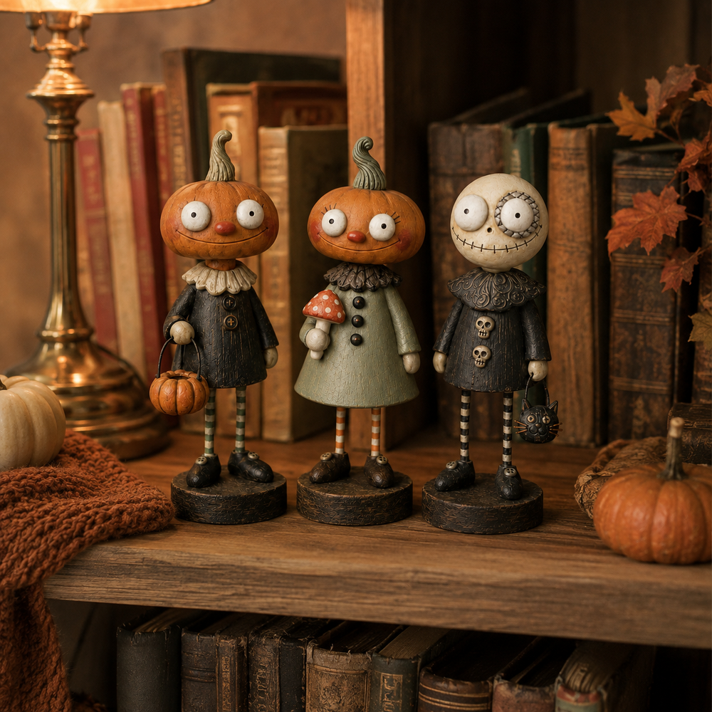 Primitive Pumpkin Friends displayed on a bookshelf with books and autumn decor