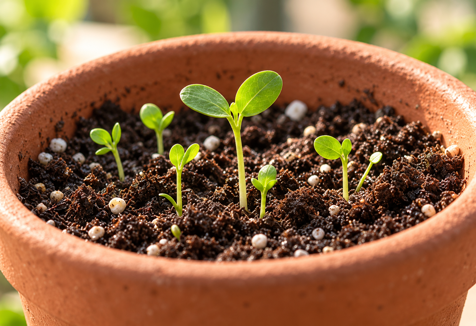 Small seedlings emerging from a soil-filled pot