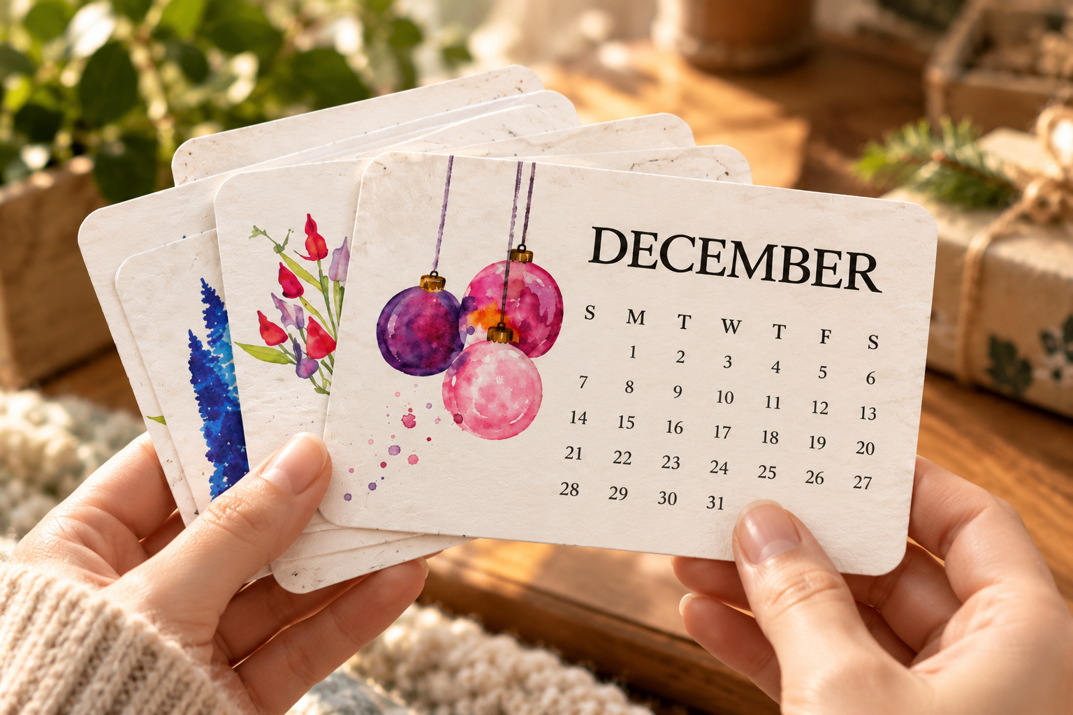 Plantable calendar cards held in hands