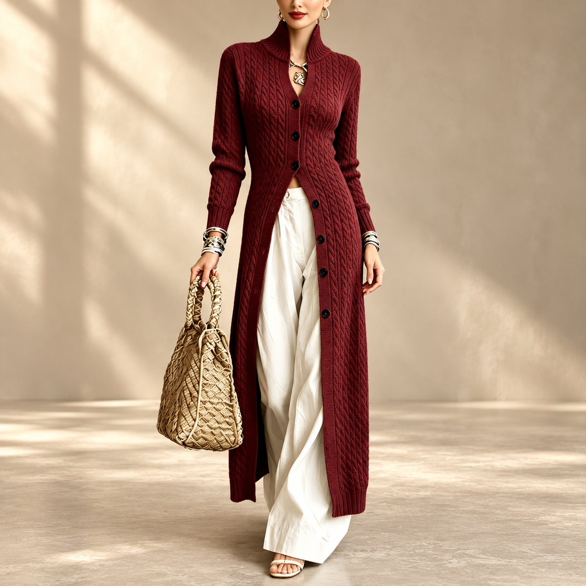 🧶✨ Women’s Long Cable Knit Cardigan – Elegant Full-Length Layer for Cozy Days