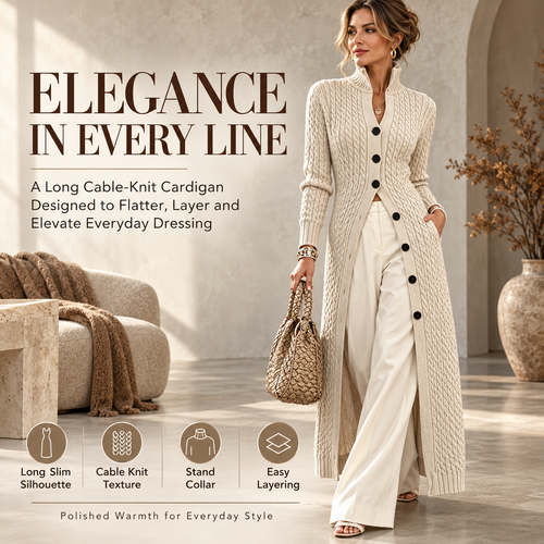 🧶✨ Women’s Long Cable Knit Cardigan – Elegant Full-Length Layer for Cozy Days