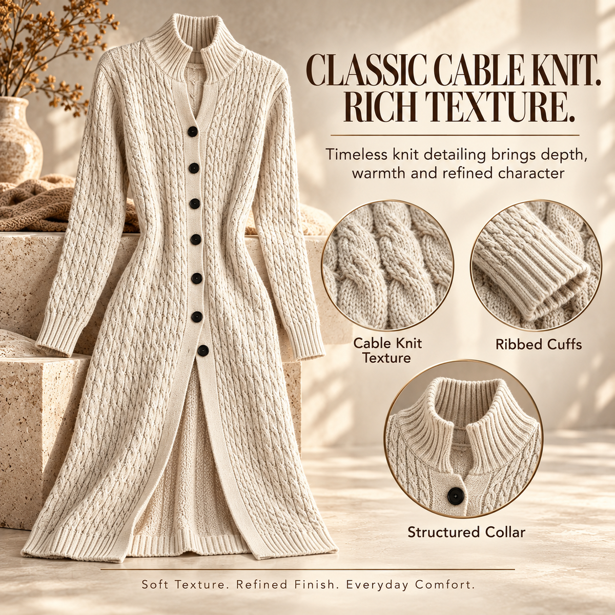 🧶✨ Women’s Long Cable Knit Cardigan – Elegant Full-Length Layer for Cozy Days