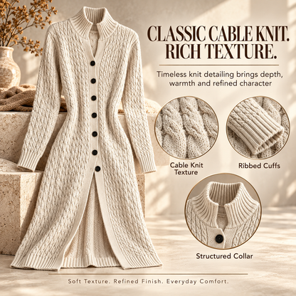 🧶✨ Women’s Long Cable Knit Cardigan – Elegant Full-Length Layer for Cozy Days