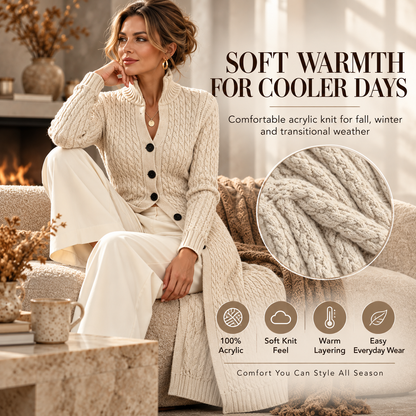 🧶✨ Women’s Long Cable Knit Cardigan – Elegant Full-Length Layer for Cozy Days
