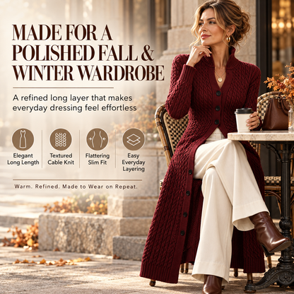 🧶✨ Women’s Long Cable Knit Cardigan – Elegant Full-Length Layer for Cozy Days